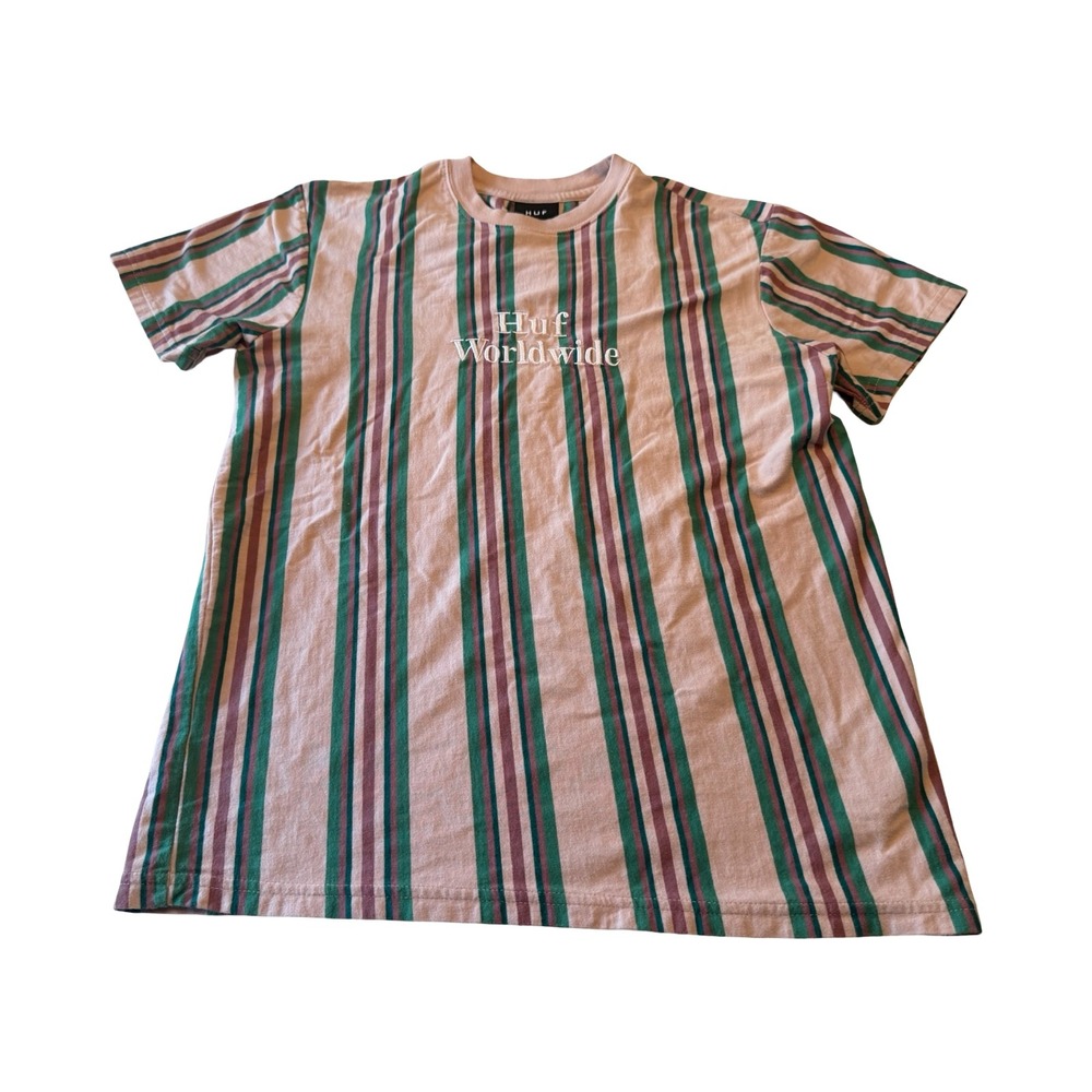 HUF Worldwide Mens Small Pink Green Burgundy Vertical Stripe Embroidered T-Shirt